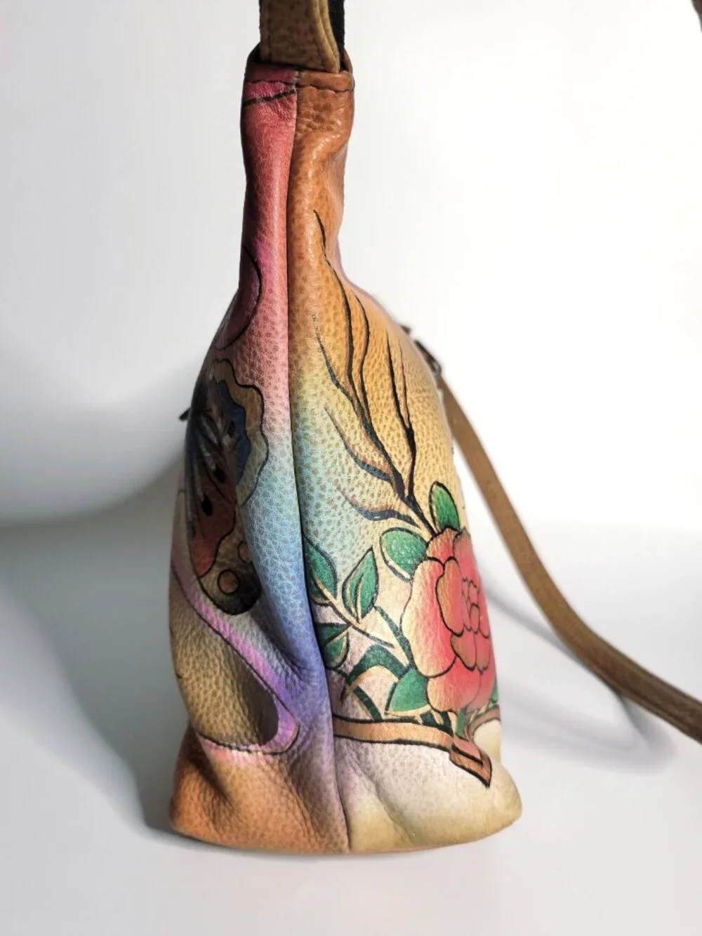 ANUSCHKA Painted Genuine Leather Hobo Shoulder Bag Tan Flowers Butterflies Purse